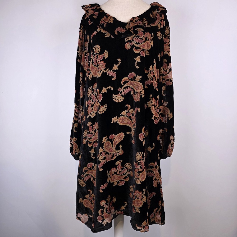 Downeast Dress L Black Paisley Floral Holly‎ Velvet Burnout Ruffle Neckline NWT